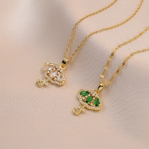 Collier Pendentif Parapluie Acier Titane Zircon Vert Émeraude Coupe Poire Micro Pavé Bijoux Géométriques De Luxe Pour Femmes
