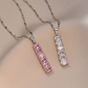 Collana Con Pendente A Barra Di Bambù Acciaio Inossidabile Zircone Ovale Gioielli Stile Coreano Minimalista Per Donne