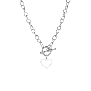 Modern silver stainless steel toggle necklace with hollow heart pendant on white background