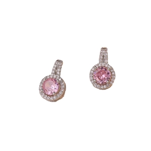 Elegant halo style pink zircon earrings featuring round studs in a polished silver finish