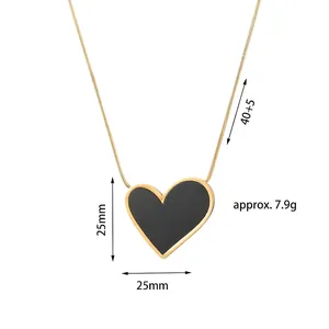 Titanium steel heart necklace with black asymmetric pendant and gold snake chain
