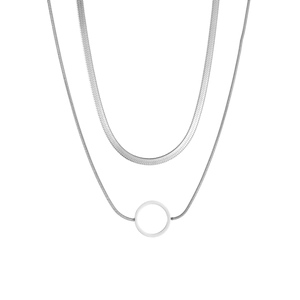 Close-up of double-layer silver titanium necklace with herringbone chain and pendant