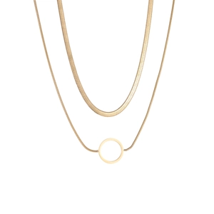 Double layered gold titanium steel necklace featuring a flat snake chain and circle pendant