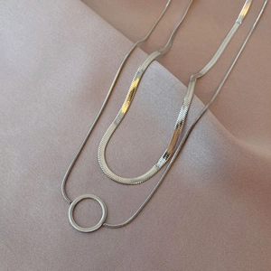 Layered Necklace Titanium Steel Herringbone Snake Chain Minimalist Circular Pendant Fashion Jewelry Women
