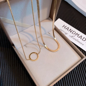 Minimalist double layer gold titanium snake chain necklace with circular ring pendant