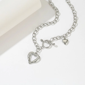 Titanium steel heart pendant necklace with chunky chain and OT toggle clasp closure
