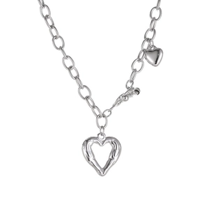 Silver titanium steel heart necklace with hollow pendant and toggle clasp on white background