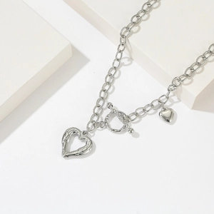 Titanium Steel Heart Pendant Necklace Silver Plated Toggle Clasp Clavicle Chain Hip Hop Industrial Style Jewelry Women
