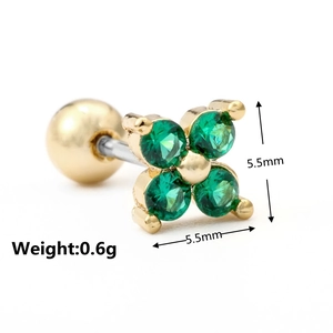 Detailed macro view of a 5.5mm green zircon flower stud earring with gold plating