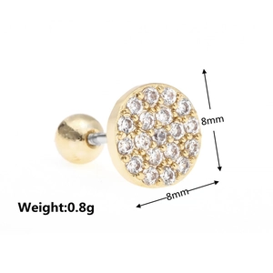 Detail view of 8mm gold plated stud earring with pave zircon and screw ball back