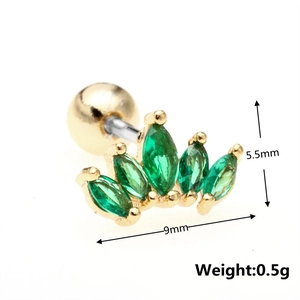 Macro detail of crown stud earring with green marquise stones and dimensions 9x5.5mm