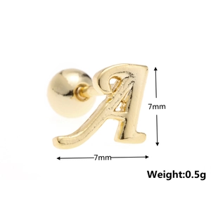 Detail shot of 18K gold letter A stud earring with dimensions 7mm and 0.5g weight
