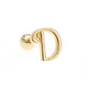 Macro shot of 18K gold letter D stud earring with a secure screw ball back closure