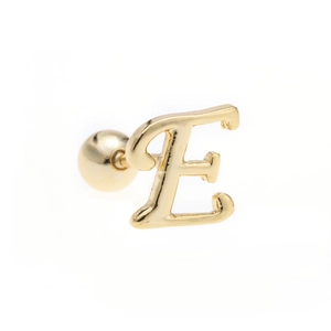 Macro shot of 18K gold letter E stud earring with screw back ball and polished finish