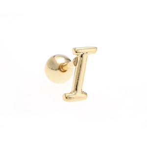 Macro shot of 18K gold letter I stud earring with a secure screw-back ball design