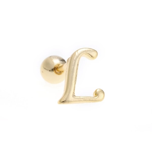 Macro view of 18K gold letter L stud earring featuring a secure ball screw back closure