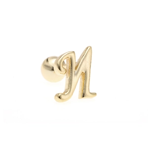 Detailed view of polished 18K gold letter M earring with minimalist screw ball back design