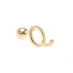 Detailed view of golden letter Q stud earring with 18K gold plating and screw back ball
