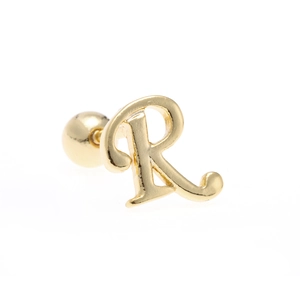 Detailed macro view of 18K gold letter R stud earring with smooth polished finish