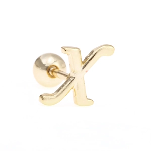 Macro shot of 18K gold letter X stud earring with secure threaded ball screw back