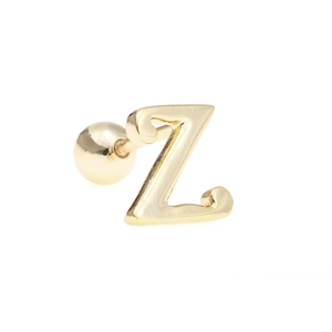 Macro view of 18K gold plated letter Z ear stud with screw ball back and polished finish