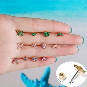 Brass Zircon Bow Flower Clover Helix Stud Earrings With Stainless Steel Earring Post Screw Back Cartilage Piercing Jewelry For Women