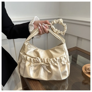 Women Shoulder Bag Satin Pleated Ruched Bow Decor Underarm Tote Handbag Large Capacity French Style