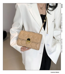 Close-up of beige quilted crossbody bag with gold chain strap and metal adjuster ball
