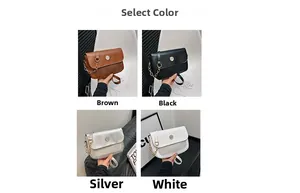 Detailed view of women's shoulder bags in brown, black, silver, and white color options