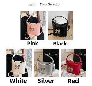 Detailed grid of leather bucket bags with silver bow buckles in five assorted colors
