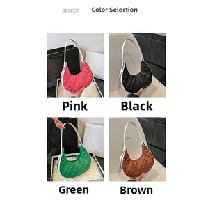 Collage of four-leaf clover embossed crescent underarm bags in pink, black, green and brown