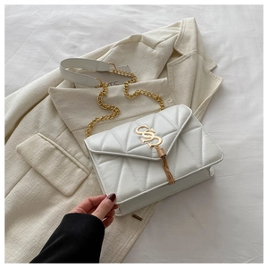 Macro shot of white quilted leather bag with gold logo, fringe and chain strap