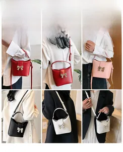 Detail shots showing four color variants of the bow bucket bag with adjustable straps