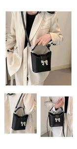 Detailed views of a black leather bucket bag with a silver bow buckle and adjustable strap