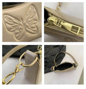 Detail view of butterfly embossing and golden hardware on beige patent leather handbag
