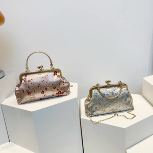 Elegant Chinese silk embroidery evening bag with vintage metal handle and gold chain strap