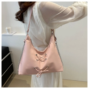 Pink soft PU leather hobo tote bag with silver chain and drawstring cross lace detail