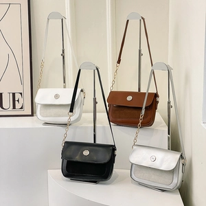 Retro flap crossbody bags in four colors with round metal buckle and chain straps