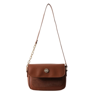 Retro brown crossbody bag with suede patchwork and gold chain strap on white background
