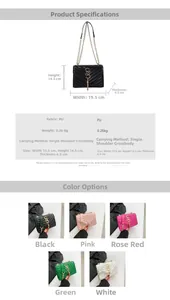 Detailed parameter chart showing dimensions and colors for V-quilted chain shoulder bag