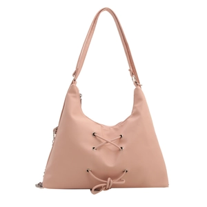 Pink PU leather tote bag with drawstring lace-up bows and metallic chain detail