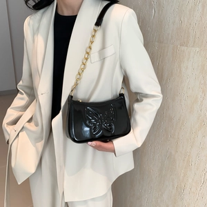 Women Butterfly Embossed Underarm Bag Patent Leather Chain Shoulder Bag Trendy Y2K Hobo Bag For Daily Party Commuting Handbag