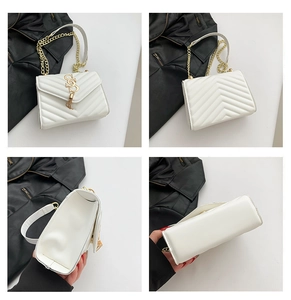 Multi-angle view of white quilted leather crossbody bag with golden chain strap and logo