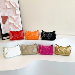 Seven colors of glossy patent leather underarm bags with butterfly embossing and gold chain