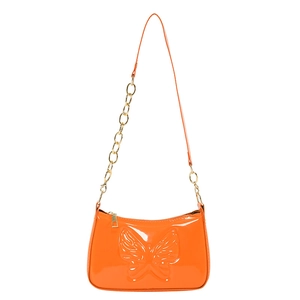 Vibrant orange patent leather shoulder bag with butterfly embossing and gold chain strap