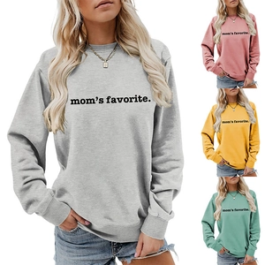 Close-up of mom's favorite lettering on soft crewneck sweatshirts in multiple colors