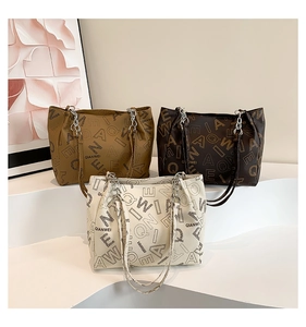 Three large tote bags in brown, coffee, and beige colors with vintage letter patterns