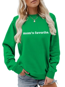 Detail of mom's favorite lettering on green crewneck sweatshirt with ribbed cuffs
