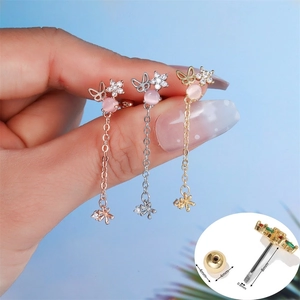 Fashion Brass Star Moon Butterfly Tassel Cartilage Earrings For Women Zirconia Pink Cat Eye Stone Long Chain Screw Ball Back Jewelry