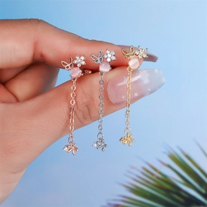 Three-color butterfly tassel earrings set with pink cat eye stone and metal chains